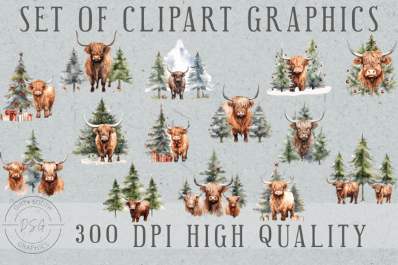 14 Watercolor Christmas Highland Cows