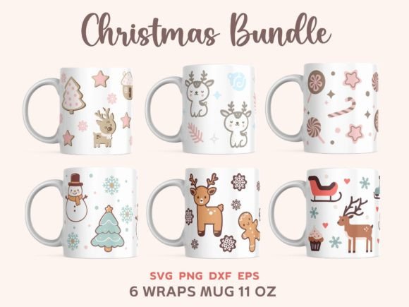 6 Christmas Mug Designs Bundle SVG Wraps for Holiday Illustrations