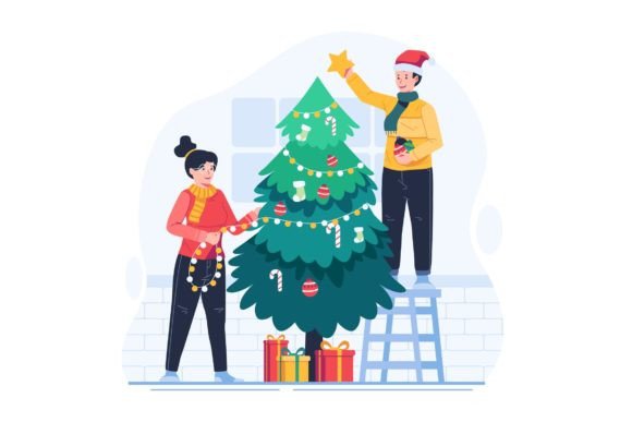 A Couple Decorating a Christmas Tree: Seasonal Illustrations for Editors