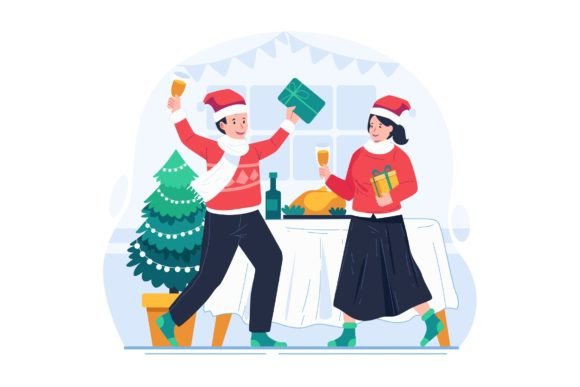 A Happy Couple Celebrating Christmas in Illustrations