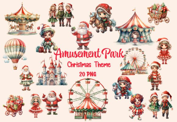 Christmas Amusement Park Watercolor Png for Illustrations