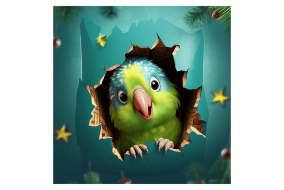 Christmas Budgie Broken Wall 2 Illustrations for Handmade Crafts