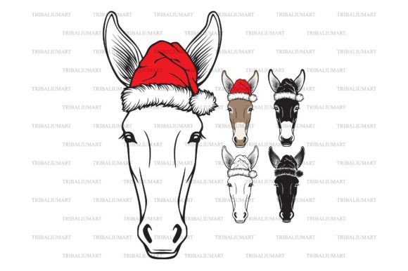 Christmas Donkey Head with Santa Hat Illustrations