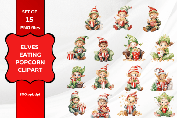 Christmas Elves Eating Popcorn Clipart for Modern Illustrations