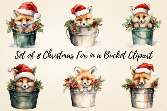 Christmas Fox in a Bucket Clipart for Modern Illustrations