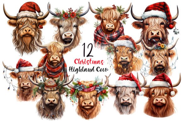 Christmas Highland Cow Sublimation PNG for Illustrations