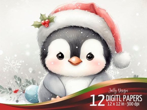 Cute Baby Penguin at Christmas Night Illustrations