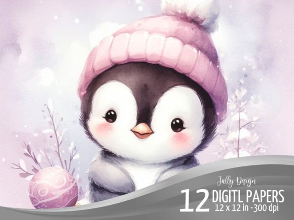 Cute Baby Penguin at Christmas Scene for Illustrations