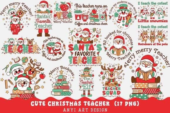 Cute Christmas Teacher PNG Bundle: Festive Illustrations for Crafters