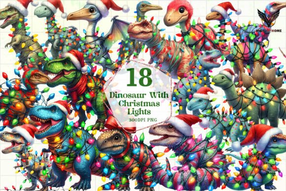 Dinosaur with Christmas Lights Clipart for Illustrations