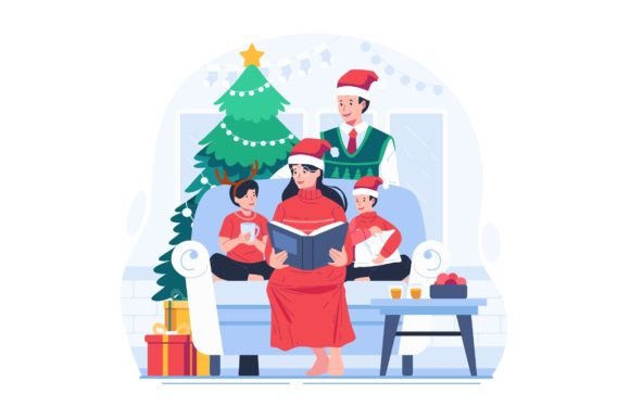 Family Reading a Book on Christmas: A Strategic Review for Illustrations