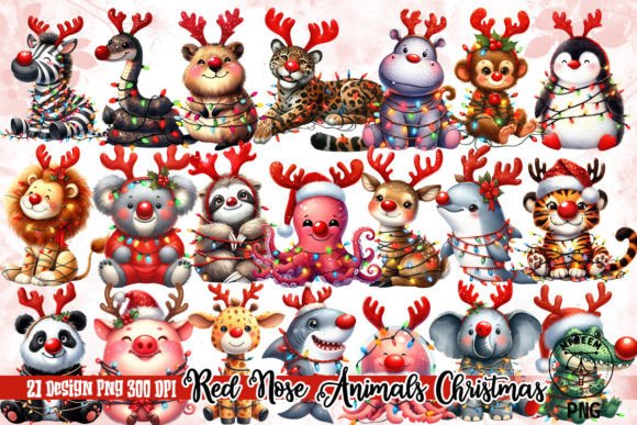 Red Nose Animals Christmas Clipart PNG for Illustrations