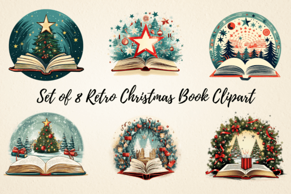 Retro Christmas Book Sublimation Clipart for Illustrations