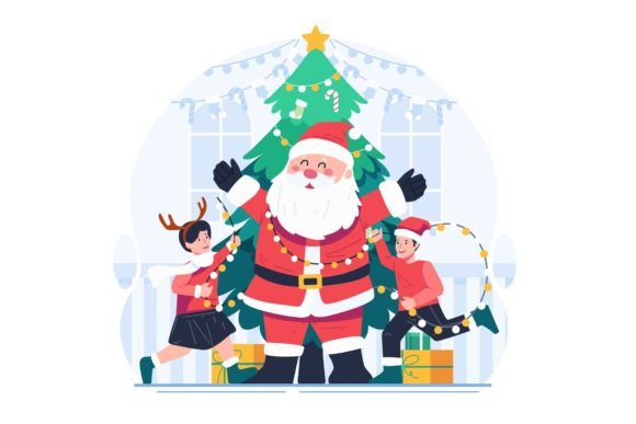 Santa and Children Celebrate Christmas for Illustrations