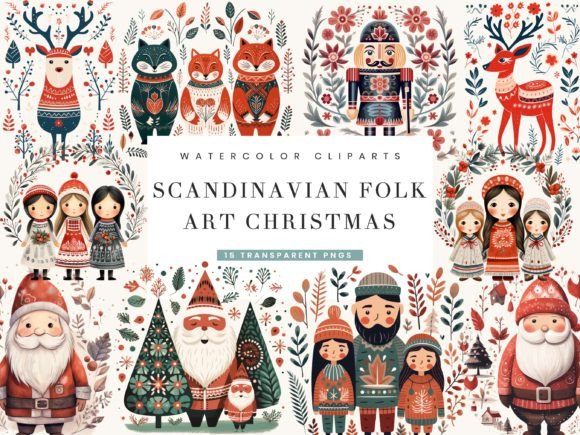 Scandinavian Folk Art Christmas Clipart for Illustrations