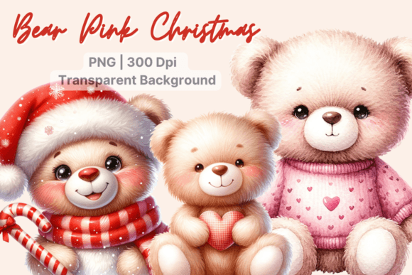 Watercolor Christmas Pink Bears Clipart for Illustrations