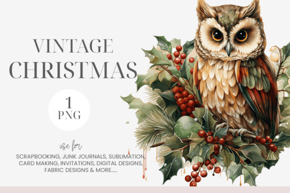 Watercolor Vintage Christmas Owl Clipart for Illustrations
